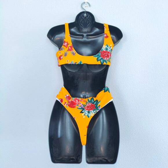 Orange Floral HIgh waist Thong Bikini two-piece Swimsuit Womens size Medium - Picture 3 of 4